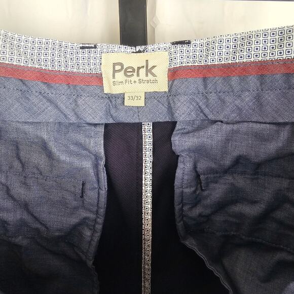 Perk Men's Slim Fit Stretch Pants 33x32 Navy Cotton Blend Chinos - Picture 2 of 5